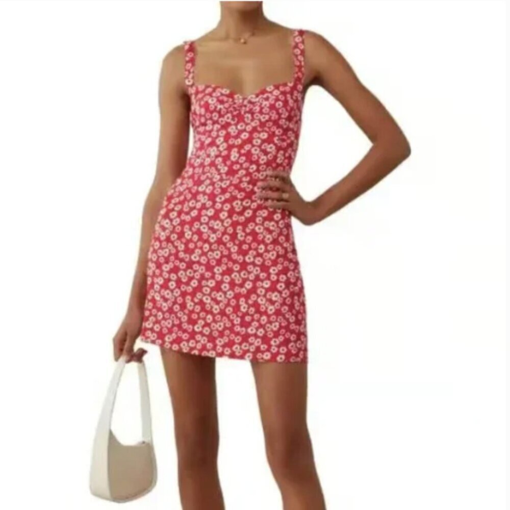 Reformation Baldwin Dress Red Daisy Print Mini Dress 4 - Picture 5 of 14